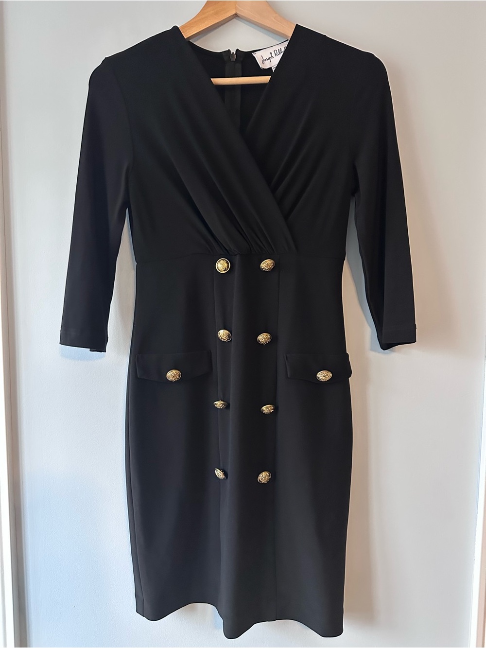 Joseph Ribkoff Black Gold Button Wrap Dress Mob Wife Size 4